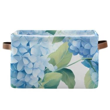 Imagem de Cesto organizador dobrável de lona com flores de hortênsia azul com alças para prateleira, armário, quarto, escritório em casa
