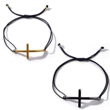 Imagem de SHINUS BOHO 2 pulseiras com pingente de cruz de ouro com contas para homens e mulheres, contas ajustáveis feitas à mão, cordão preto, amizade sorte, casais, férias, verão, joias, presente, 7.0, Liga