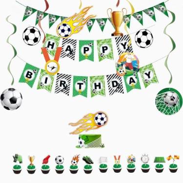Imagem de Decorações de festa de aniversário com tema de futebol, faixa de feliz aniversário, redemoinhos pendurados de futebol e topos de bolo com tema esportivo – Artigos energéticos para festas