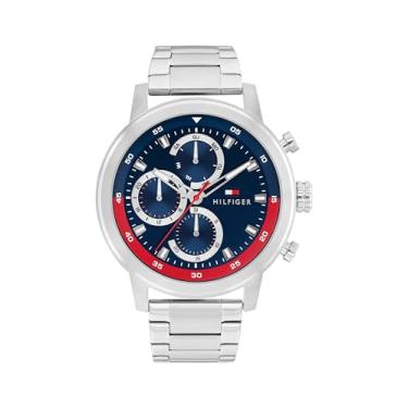 Imagem de Tommy Hilfiger Relógio esportivo masculino – Multifunções de quartzo, caixa de aço inoxidável, mostrador Sunray com índices de bastão e sub-olhos texturizados em CD, coroa grande, pulseira de elos
