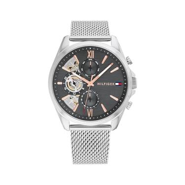 Imagem de Tommy Hilfiger Relógio masculino – quartzo multifuncional, caixa de aço inoxidável de 44 mm, mostrador esqueleto, pulseira de malha – relógio social masculino, Prata
