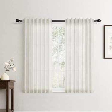 Imagem de Cortinas de linho natural creme, comprimento de 137 cm, conjunto de 2 painéis, boho, quinta, sala de estar, cortinas semitransparentes, com bolso para varão, filtro de luz, aba traseira, privacidade