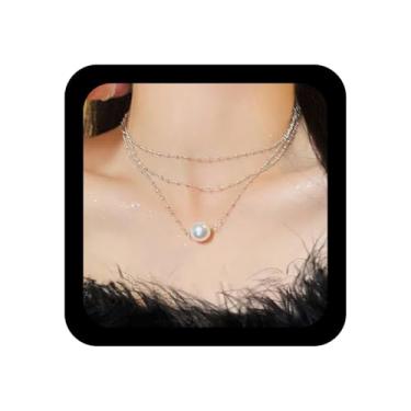 Imagem de Ximdble Colar vintage com pingente de pérola em camadas boho colar de corrente de pérola sereia gargantilha flutuante clavícula corrente de prata joia para mulheres