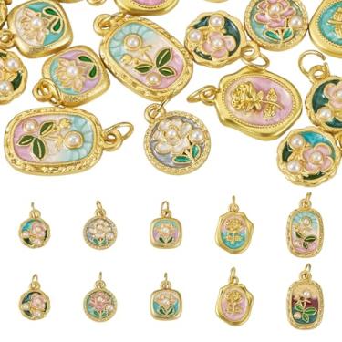 Imagem de Spritewelry Pingentes de flores esmaltadas, pingentes de flores de pintura a óleo 3D, pingentes dourados ocidentais para fabricação de joias, pingentes de esmalte vintage de liga para colar, pulseira