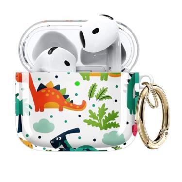 Imagem de Capa compatível com AirPods 4 2024 - Capa de TPU transparente com chaveiro dourado e carregamento sem fio (dinossauro)