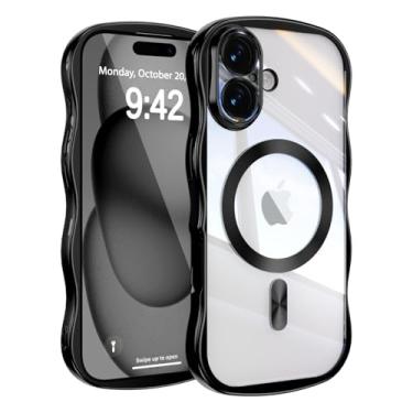 Imagem de UEEBAI Capa para iPhone 16, linda capa de celular magnética com moldura ondulada compatível com Magsafe capa de proteção completa para câmera macia galvanizada para mulheres e meninas - preta