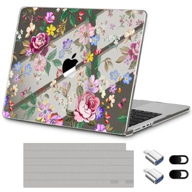 Imagem de Loyrina Capa para MacBook Pro de 14 polegadas 2025 M5 2024 M4 versão 2023 – Design floral leve e moderno, capa transparente para laptop, com capa de teclado TPU e adaptadores OTG, flores brilhantes