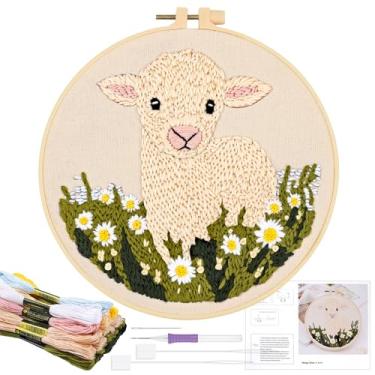 Imagem de JSRQT Kit de agulhas de perfuração para iniciantes, adultos, ovelhas, artesanato, artesanato, agulha, bordado, iniciante, 15 cm, tapete para gancho, fio de gancho, ponto cruz com argolas, instruções