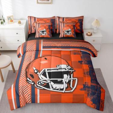 Imagem de Jogo de lençol solteiro com edredom de futebol americano, 7 peças, jogo de cama esportivo de rúgbi, bola de rúgbi, capacete de futebol americano, jogos competitivos, esporte europeu, amarelo e laranja