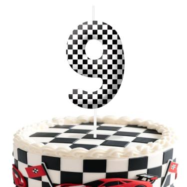 Imagem de Velas de aniversário número 9 de carros de corrida, preto e branco, com tema de bandeira quadriculada para meninos e meninas, decorações de bolo para aniversários, suprimentos de festa com tema de