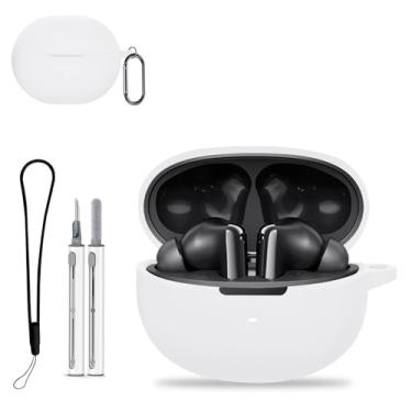 Imagem de Capa protetora para QCY MeloBuds N70, capa protetora com kit de limpeza, capa protetora de silicone macio, acessórios para cordão e chaveiro, impermeável, à prova de poeira, à prova de choque, branca