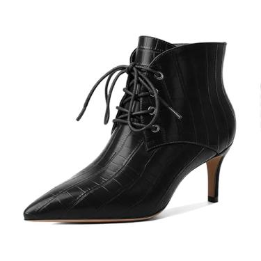 Imagem de Eldof Botina feminina gatinha de salto baixo 5,8 cm bico fino cadarço confortável botas de caminhada, Preto, 7