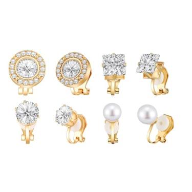 Imagem de 4 pares de brincos de ouro para mulheres, brincos falsos de zircônia cúbica, brincos redondos com clipe de pérola, brincos não perfurados para mulheres, dança, palco, ópera, apresentação, festa de