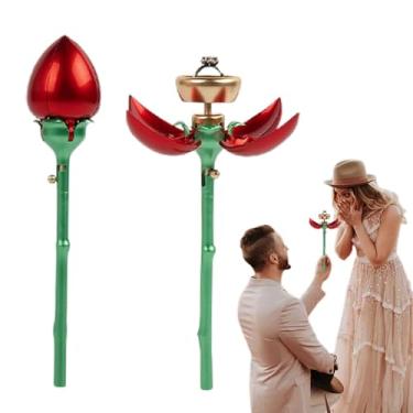 Imagem de Caixa de anel de flores para pedido - Caixa de anel de joias de flores com haste - Suporte de armazenamento de joias aberto automático, organizador romântico para brincos