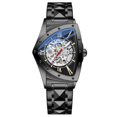 Imagem de Relógio mecânico masculino triangular esqueleto, pulseira de couro preto esportivo masculino, CX996-preto, Tendência