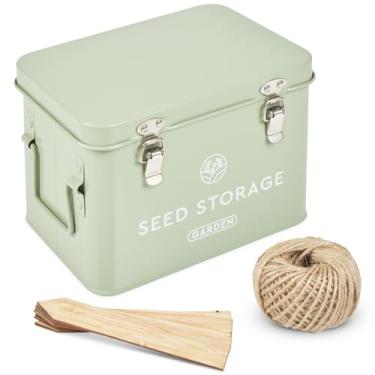 Imagem de Seed Storage Box - Metal Seed Packet Organizer with Garden String and Bamboo Plant Labels. Seed Container Storage Delivering Complete Seed Saving Organization for Every Garden Lover.