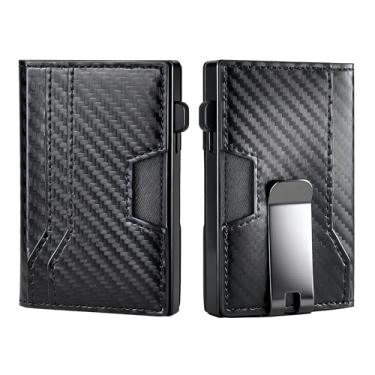 Imagem de Carteira minimalista para homens, porta-cartões RFID com clipe para dinheiro e janela para identidade, carteira pop-up com compartimento de couro para 10 cartões, Preto CF, Small, Porta-cartão de