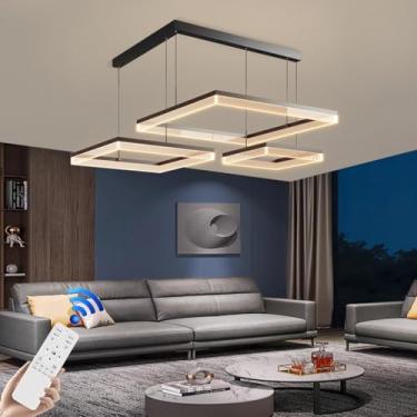 Imagem de Lustre geométrico preto em alumínio com LED dimerizável, luminária pendente grande com controle remoto para sala de estar, sala de jantar, quarto ou escritório, luminária retangular dimerizá