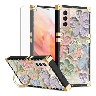 Imagem de Asuwish Capa de celular para Samsung Galaxy S21 5G 6,2 polegadas capa magnética com protetor de tela de vidro temperado e pintura flor anel protetor à prova de choque suporte rígido S 21 21S G5