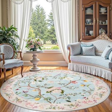 Imagem de jinchan Tapete circular de 2,3 m, floral, lavável, antiderrapante, interior, flor, grande, tapete redondo e macio, para sala de estar, quarto, sala de jantar, azul/rosa