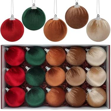 Imagem de Woration 15 bolas de Natal sortidas de veludo para pendurar para decoração de árvore de Natal, enfeites de guirlanda de 6 cm (vermelho, verde, marrom, café, champanhe)