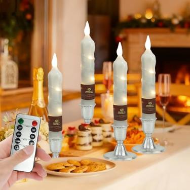 Imagem de Velas cônicas brancas sem chamas de 16,5 cm cintilando com controle remoto de 10 teclas, operado por pilhas, luz de pavio 3D quente, velas de cera verdadeira, pacote com 4, decoração de Natal para