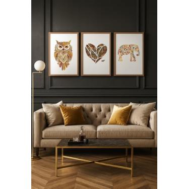 Imagem de Conjunto de 3 Quadros Decorativos com Moldura, Arte de Parede com Coruja, Coração e Elefante, Estilo Boho, Decoração Sala de Estar