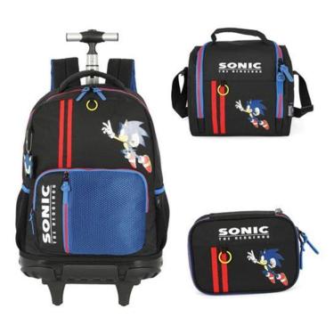 Imagem de Kit Mochila Rodinhas Lancheira Estojo Sonic Com Chaveiro