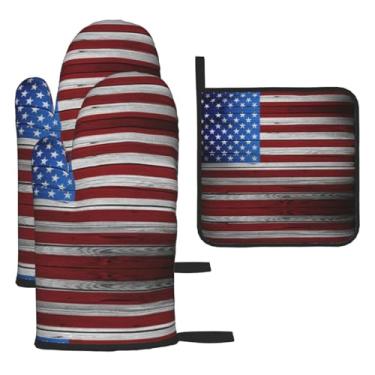 Imagem de Bandeira americana – Conjunto de cozinha essencial com 3 peças, luvas resistentes ao calor e alça de tampa, proteção para churrasco no forno, design de armazenamento suspenso.
