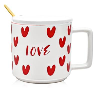 Imagem de Caneca de coração do amor do dia dos namorados de 445 ml com tampa e colher, copo de café de cerâmica romântica grande, 450 ml, presentes de aniversário de Natal dos namorados para casais, namorado e
