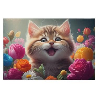 Imagem de CEBUGI Tapete de área 60 x 90 cm macio lavável tapete antiderrapante com suporte de borracha tapetes de área de flores de gatinho para sala de estar, quarto, decoração de casa