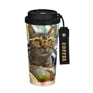 Imagem de YETTASBIN Caneca de café com isolamento térmico Funny Cat de 500 ml com tampa canudo, copo à prova de derramamento e vazamento com alça para bebida quente e fria, garrafa de água de aço inoxidável