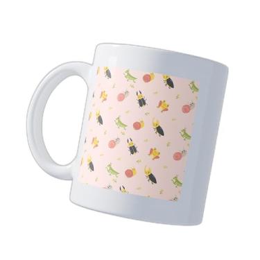 Imagem de Caneca Xícara de Porcelana 300ml com Design de Insetos e Fundo Rosa