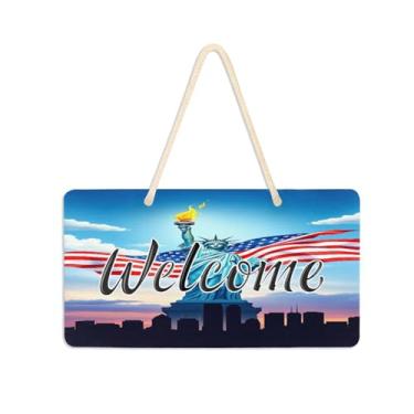 Imagem de Burbuja Placa de boas-vindas Estátua da Liberdade para porta da frente, placa de boas-vindas de PVC para pendurar na parede varanda casa de fazenda, decoração de feriados, 15 x 28 cm
