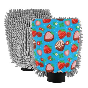 Imagem de STAYTOP Luvas de lavagem de carro de morango mergulhadas em chocolate, 2 peças, luvas de microfibra de chenille, sem arranhões, panos de esponja de lavagem ultra absorventes para carros, limpeza