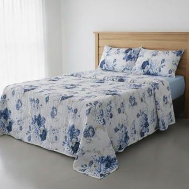 Imagem de RAVATEX, Jogo de Cama Queen Percal 200 Fios Estampado Toque Macio 04 Peças Supercal Floral Azul