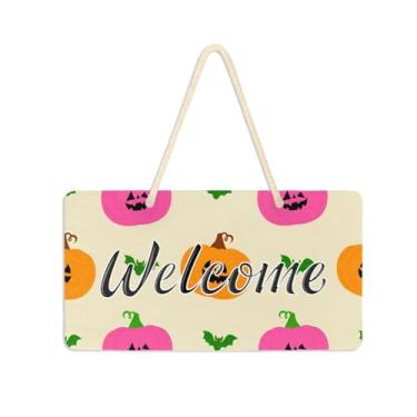 Imagem de Burbuja Placa de boas-vindas Bats Pumpkins para porta da frente, placa de boas-vindas de PVC para pendurar na parede varanda casa de fazenda, decoração de feriados, 15 x 28 cm