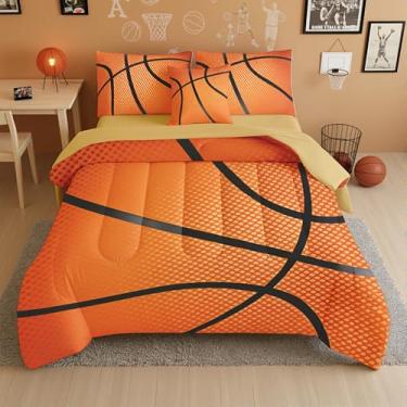 Imagem de BQH Conjunto de edredom de basquete para meninos – Conjunto de cama casal de 6 peças com estampa de tema de basquete, cama em uma bolsa esportiva para decoração de quarto de crianças, macio e lavável