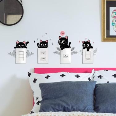 Imagem de Adesivo para Tomada Gatos 03 Pretos Fofos Moldura Floral Kit 4 para Interruptor e Tomada Decoração de Parede Quarto Sala Cozinha Fácil Aplicação