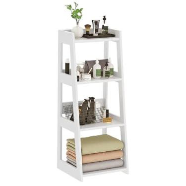 Imagem de POBOMULI Prateleira de escada de banheiro de 4 andares, independente, prateleiras de piso branco, prateleira aberta, pequena mesa de cabeceira para sala de estudo em casa (28 cm P x 32,6 cm L x 94 cm