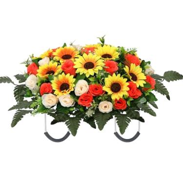 Imagem de Lodou Flores artificiais de cemitério em forma de sela, decoração de lápide grande, flores memorial de girassol rosa (bege amarelo)