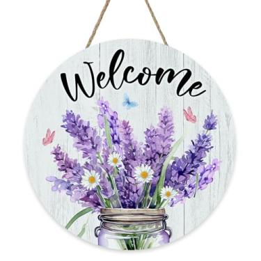 Imagem de Bolisom Placa de porta da frente com flor de lavanda para primavera e verão, margarida, floral, jarro de borboleta, suporte de placa de madeira para uso externo, varanda, decoração de casa, guirlanda