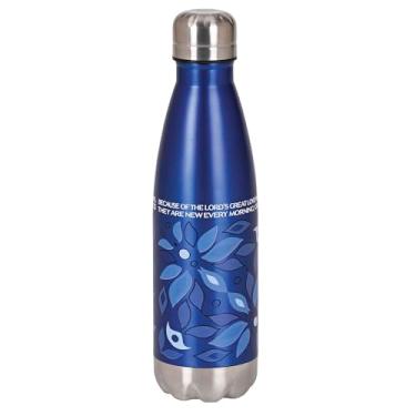 Imagem de Dicksons Garrafa de água esportiva de viagem cristã inspiradora, bebida quente ou gelada, aço inoxidável de 500 ml com tampa rosqueada azul floral Great Is Thy
