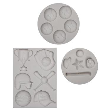 Imagem de Conjunto de moldes de silicone esportivo de beisebol, pacote com 3 moldes para fazer doces com troféu, luva, morcego, bola, designs de boné para chocolate, fondant, artesanato de argila (cinza)