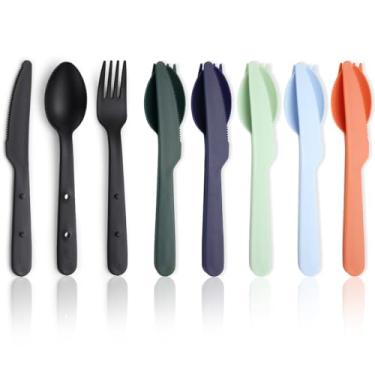 Imagem de Evanda Conjunto de utensílios de viagem para 6, colher de garfo de faca de plástico reutilizável encaixada para facilitar a portabilidade e economizar espaço, conjunto de talheres de prata para
