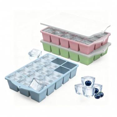 Imagem de Bandejas de gelo para freezer, 2 unidades de bandeja de gelo slicone de liberação fácil com tampa, molde de gelo flexível empilhável sem BPA, 15 cubos de gelo quadrados reutilizáveis para uísque