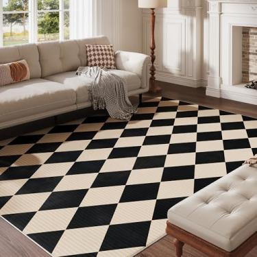 Imagem de ARKIIKI Tapetes xadrez laváveis 12 x 18 cm para quarto, tapete preto e bege para sala de estar, tapete geométrico de lã sintética para crianças, meninas, sala de jogos, dormitório, berçário, sala de