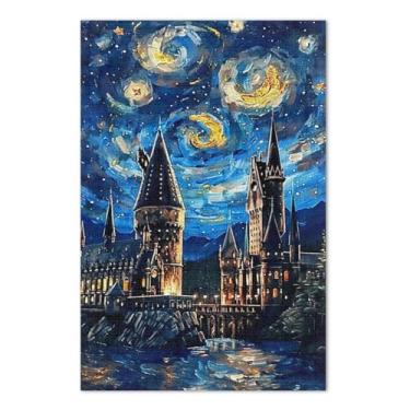 Imagem de Quebra-cabeça castelo noite estrelada pintura a óleo 1000 peças, quebra-cabeças trippy para adultos com letras na parte de trás