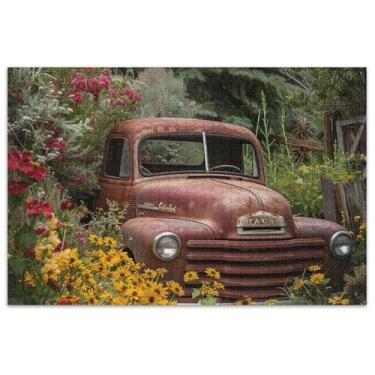 Imagem de Quebra-cabeça caminhão no jardim 500 peças adultos decoração colorida pintura paisagem quebra-cabeças jogo quebra-cabeça presentes