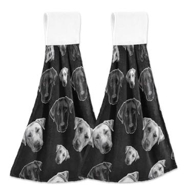 Imagem de Toalhas de cozinha para cães labrador preto e branco com laço para pendurar toalhas de banho absorventes conjunto de 2, toalha de prato decorativa personalizada para cozinha 18,2 x 14 polegadas